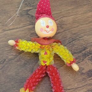 Vintage 1970's Christmas Ornament Plastic Beaded Clown Wood Head